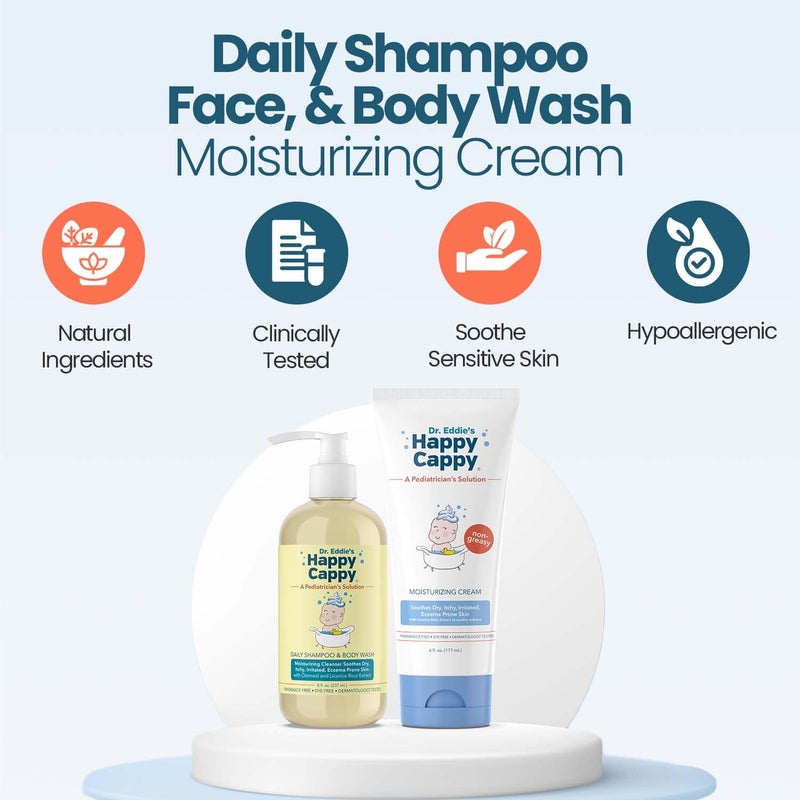 Happy Cappy Baby Shampoo and Body Wash and Moisturizing Cream Bundle - Eczema Body Wash and Lotion for Kids, Toddler, Adults, Helps with Dryness, Reduces Itching, Dermatologist Tested, Fragrance-Free - Image 3